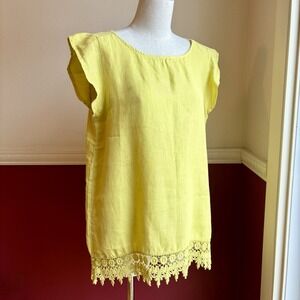 Terzo Millennio chartreuse yellow linen top with flutter sleeves and crochet hem